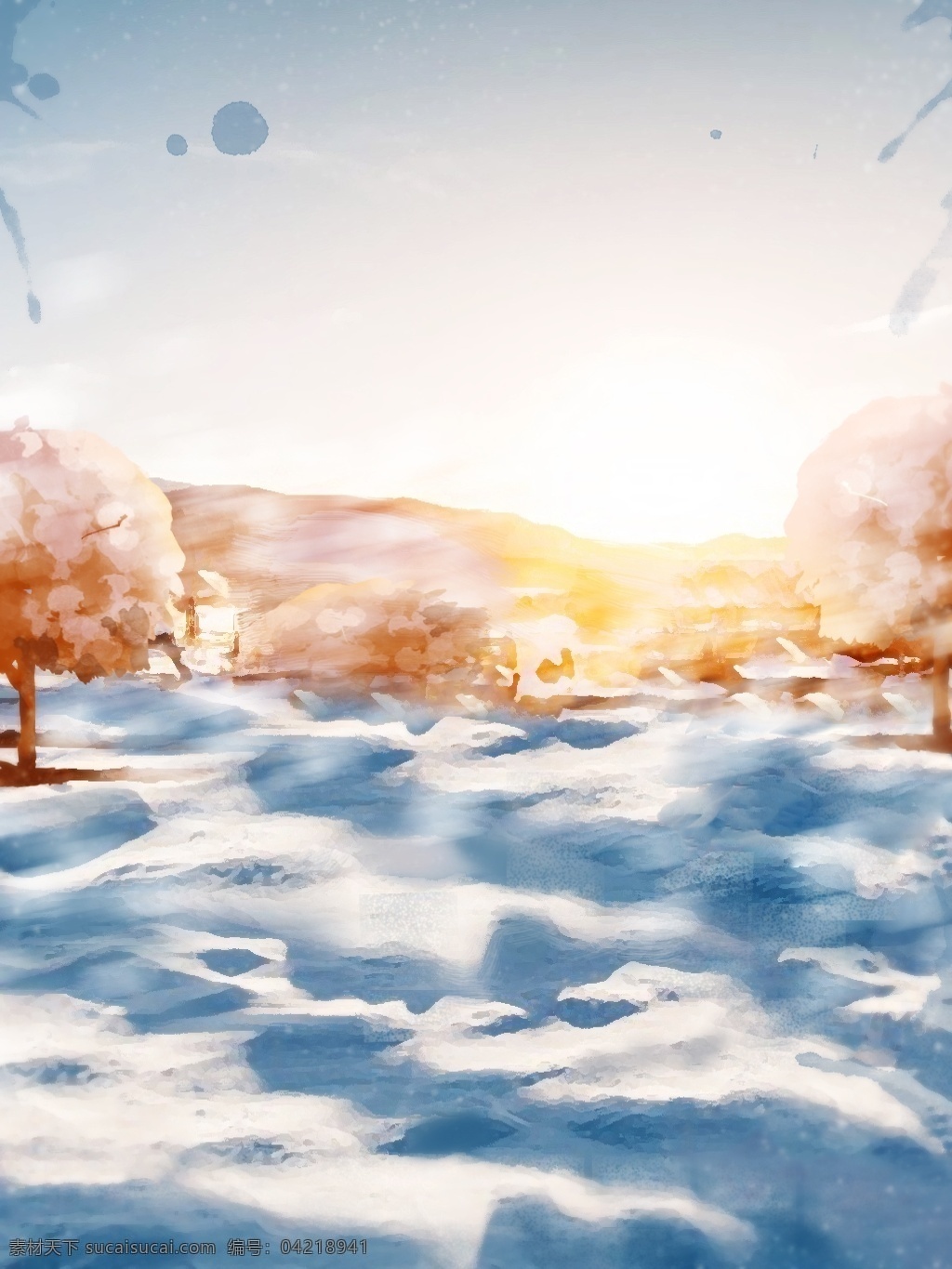 小 清新 冬季 阳光 手绘 风格 雪景 海报 背景 冬天 雪景背景 海报背景 冬天背景 雪地背景 树 大山背景 下雪背景