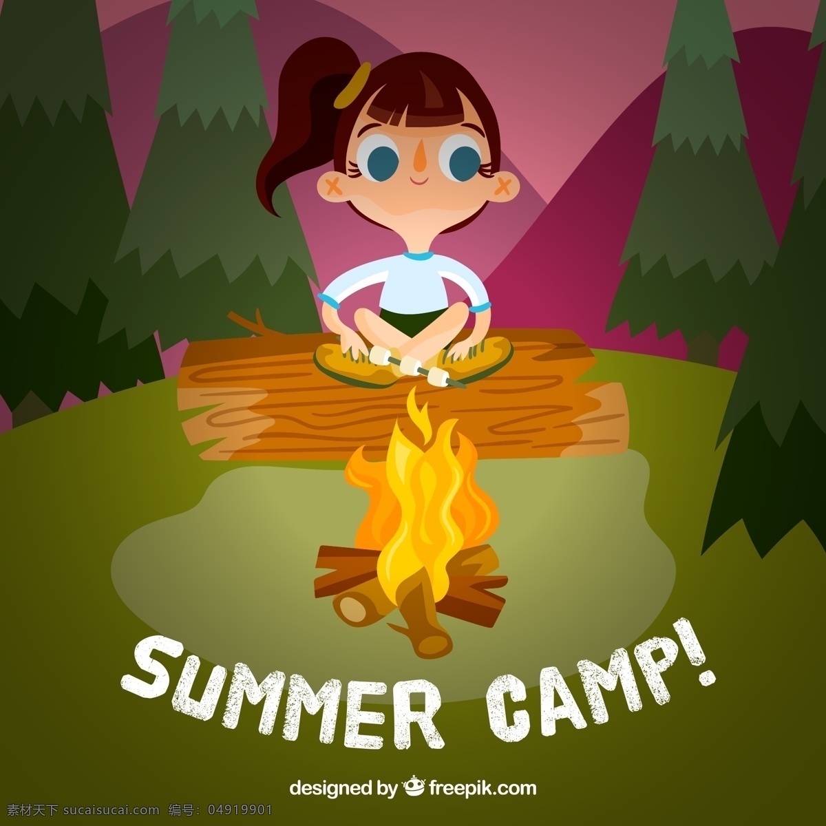 可爱 夏季 野营 中 女孩 度假 山 树木 草地 夜晚 木桩 松树 探险 篝火 动漫动画 动漫人物