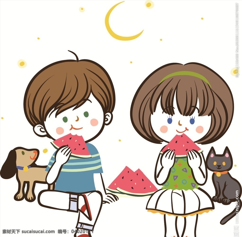 吃西瓜的情侣 吃西瓜 情侣 卡通 可爱 月亮 小猫 矢量图系列