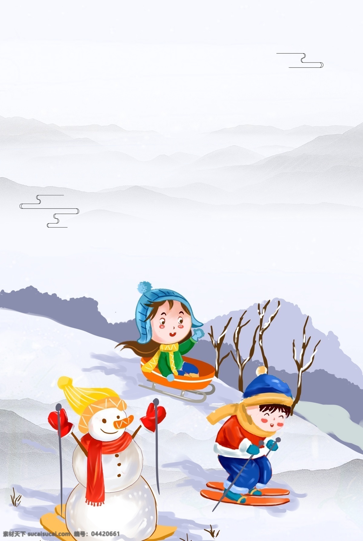 冬令营 滑雪 卡通 海报下载 雪人 男孩 女孩 冬天 雪花 海报 背景