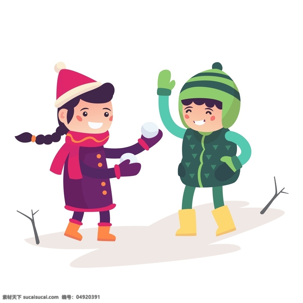 圣诞节 冬季 下雪天 打雪仗 小孩 插画 雪地 户外玩耍运动 玩耍的小孩 打雪仗的小孩 白色圣诞节