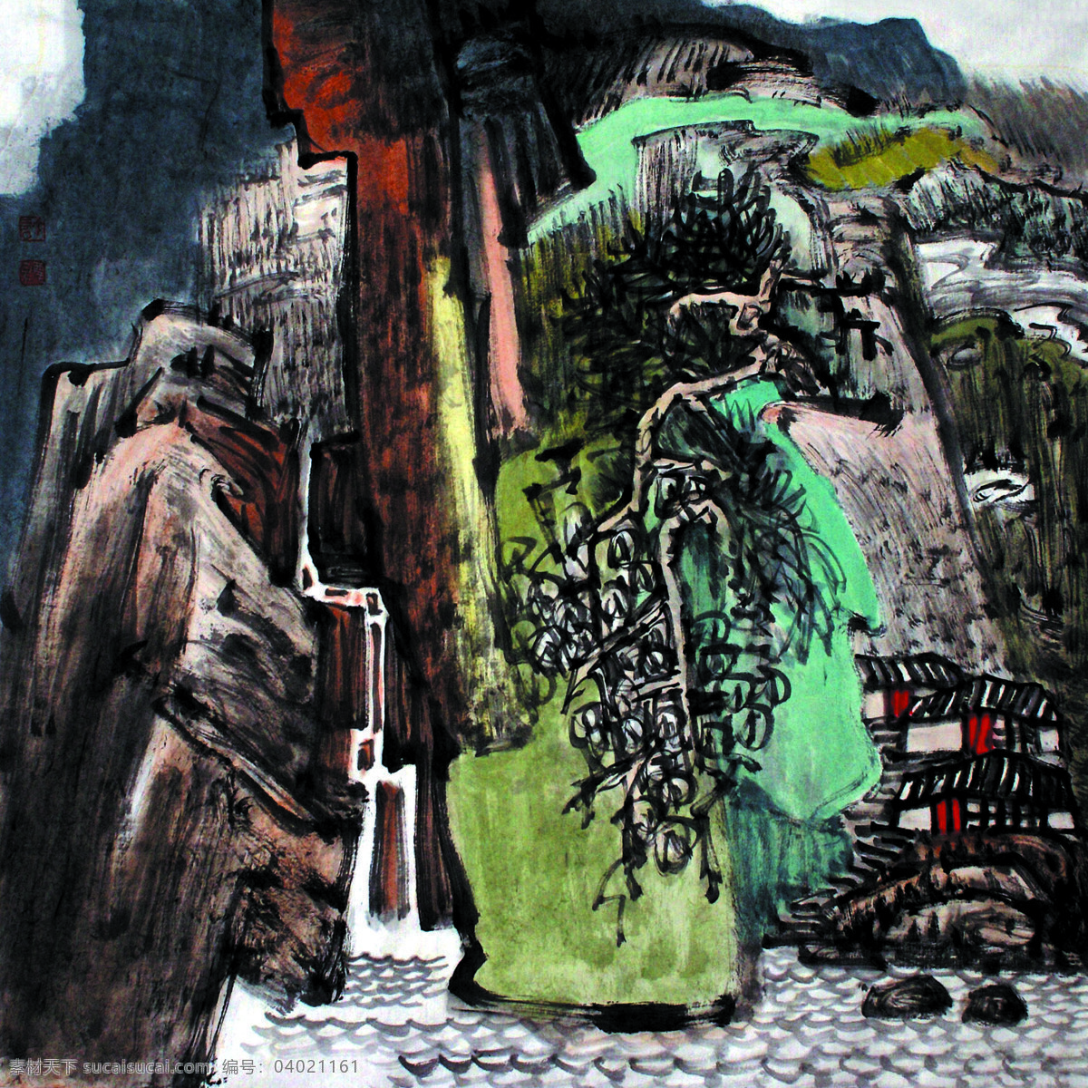 房屋 国画艺术 绘画书法 美术 瀑布 山峰 山岭 山水画 山涧 人家 设计素材 模板下载 山涧人家 中国画 溪流 云雾 树木 文化艺术