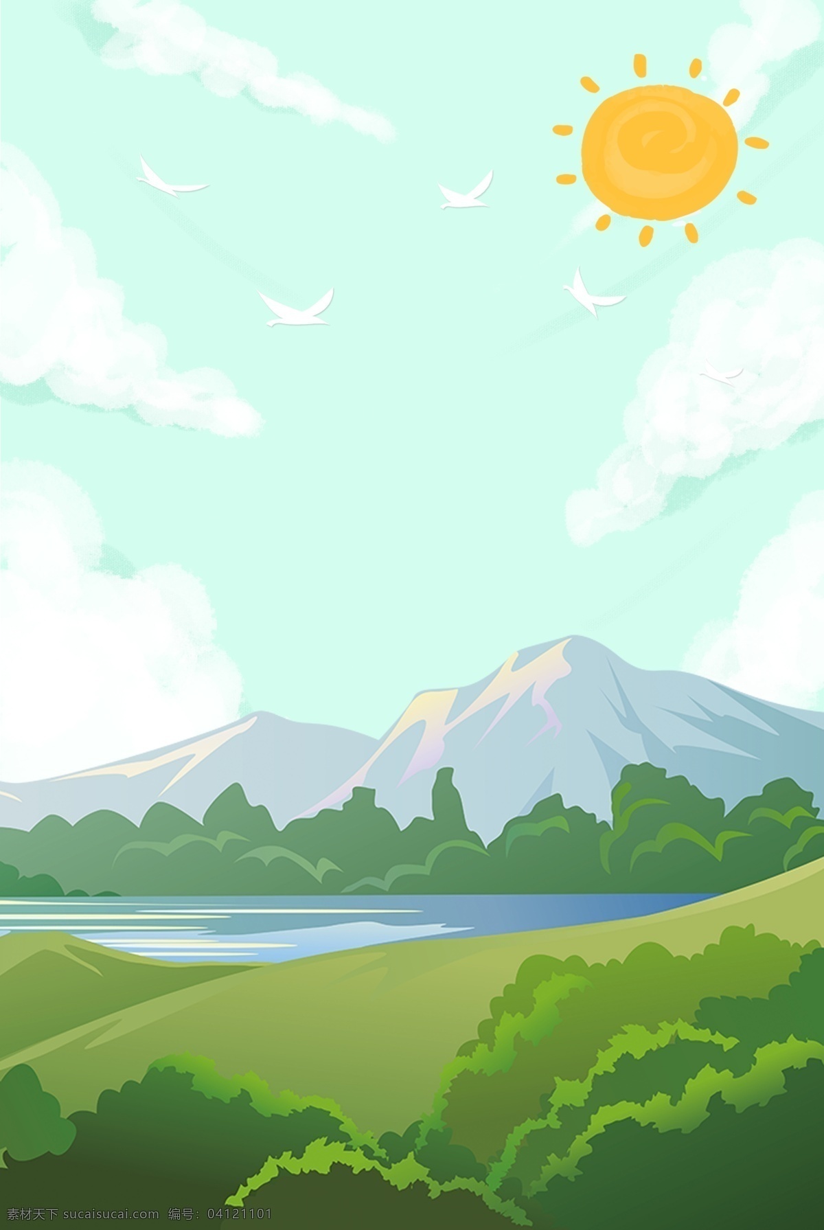卡通 山水风景 背景 图 风景 树 树墩 草 花 天空 乡村 石子路 房屋 山 风 水 卡通设计
