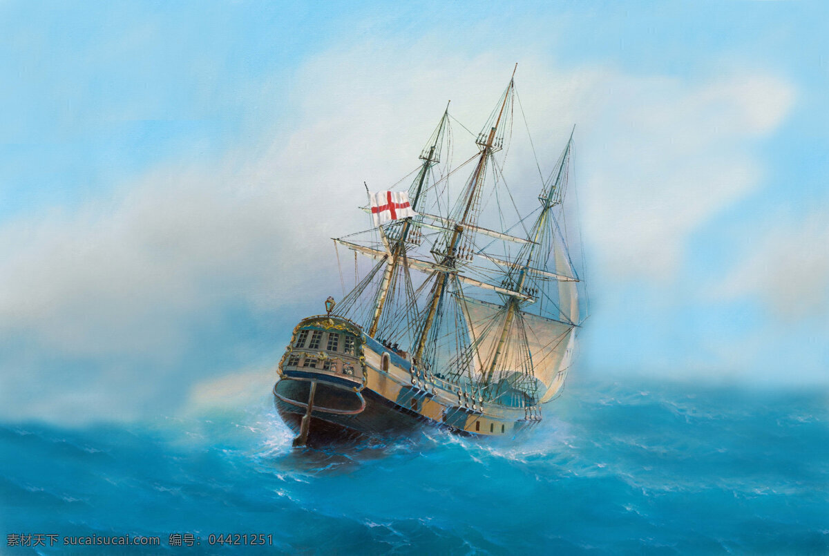 蓝色帆船 蓝色 帆船 油画 蓝天 白云 设计素材 文化艺术 绘画书法