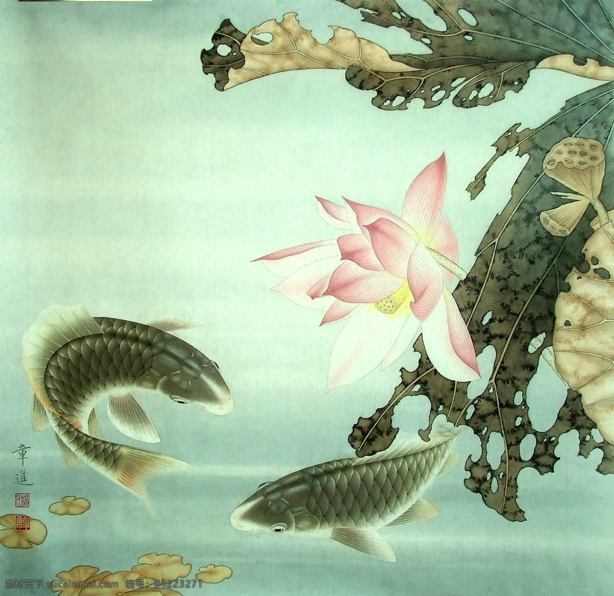 和和美美 国画 工笔 鲤鱼 古典 传统纹样 工艺品 荷花 中国风 绘画书法 文化艺术