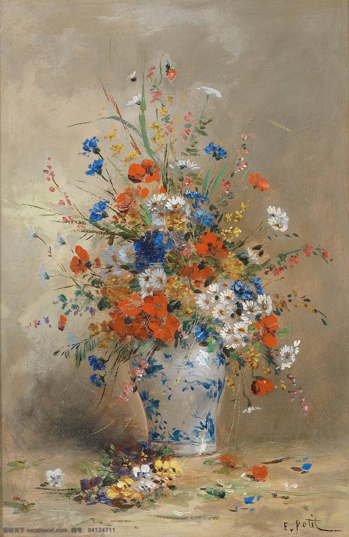 静物鲜花 混搭鲜花 永恒之美 蓝色条纹花瓶 墙 散落的花儿 19世纪油画 油画 绘画书法 文化艺术