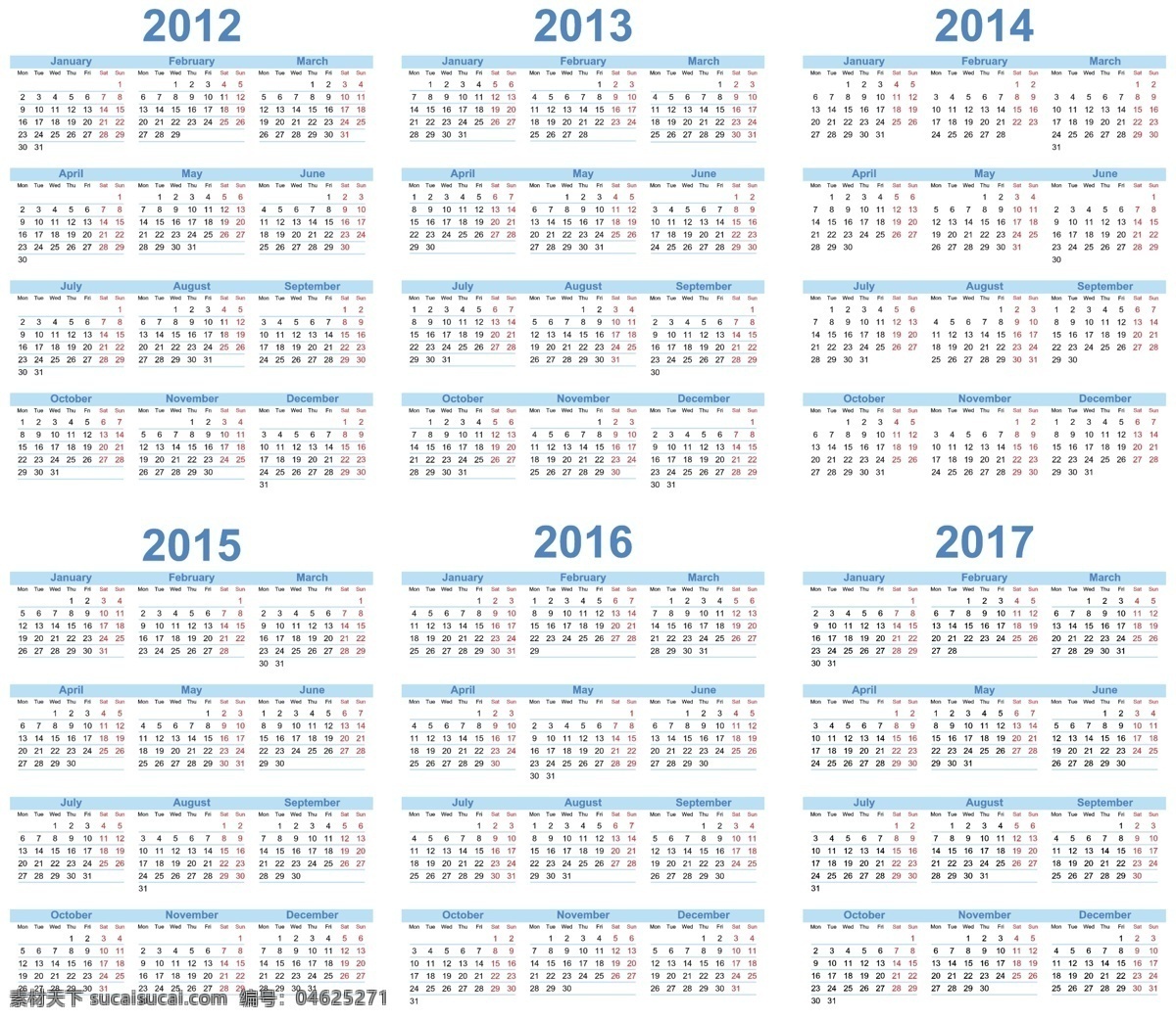 2012 2013 2014 2015 全年日历 日历 日历模板下载 日历矢量素材 2016 2017 日期 矢量 节日素材