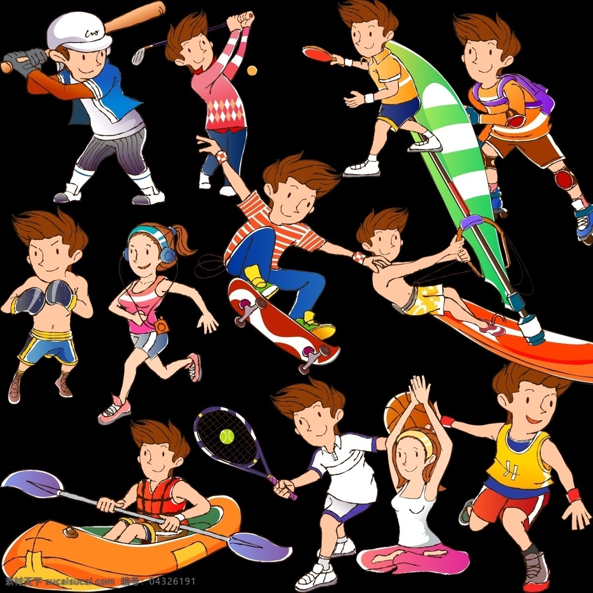 分层 冲浪 滑板 卡通 乒乓球 拳击 人物 赛跑 运动 模板下载 卡通人物运动 划艇 瑜伽 源文件 psd源文件