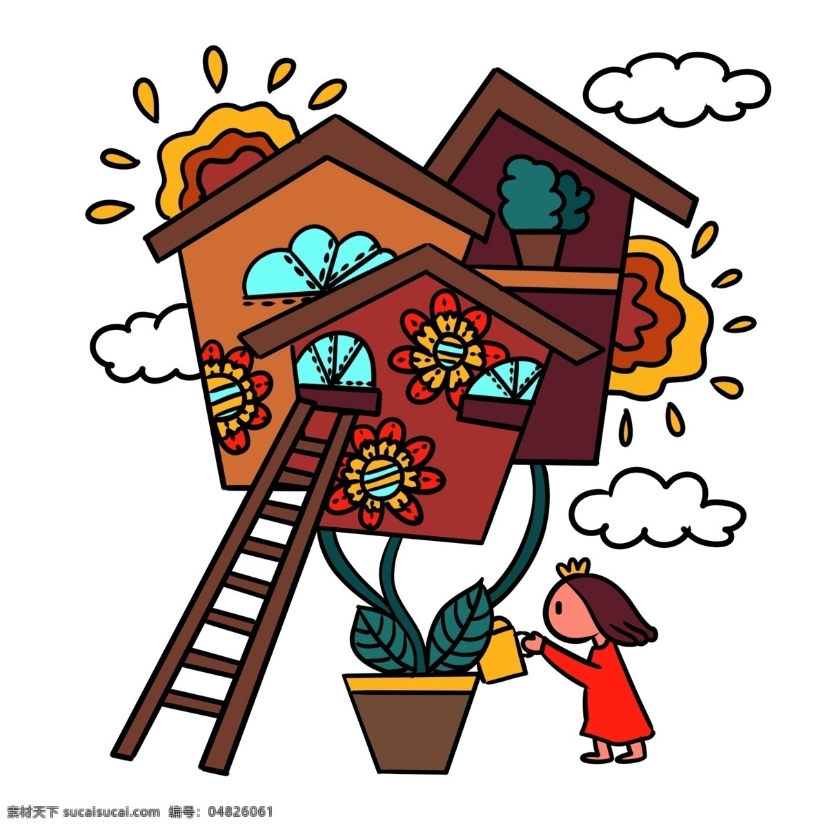 手绘 卡通 可爱 童话 小女孩 房子 矢量 免抠 梦境 楼梯 植物 太阳 云朵 儿童故事