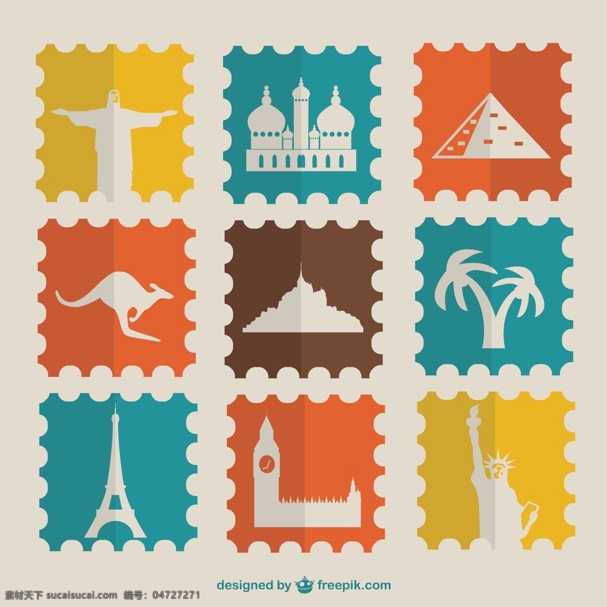 复古 邮票 集旅游 地标 旅游 剪影 建筑 橙色