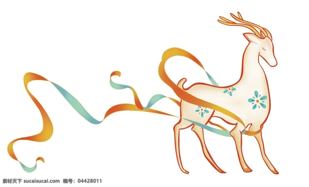 九色鹿 麋鹿 鹿 手绘鹿 插画 鹿装饰 飘带 唯美动物 野生动物 创意插画 唯美清新