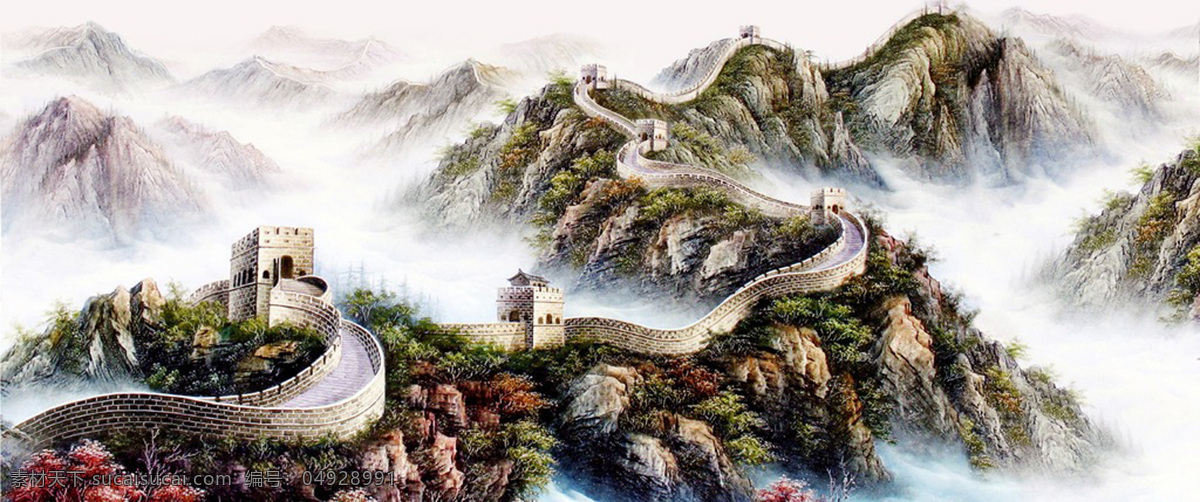 长城风景画 长城 风景画 古典 传统 水墨 中国风 中国风图片 文化艺术 美术绘画