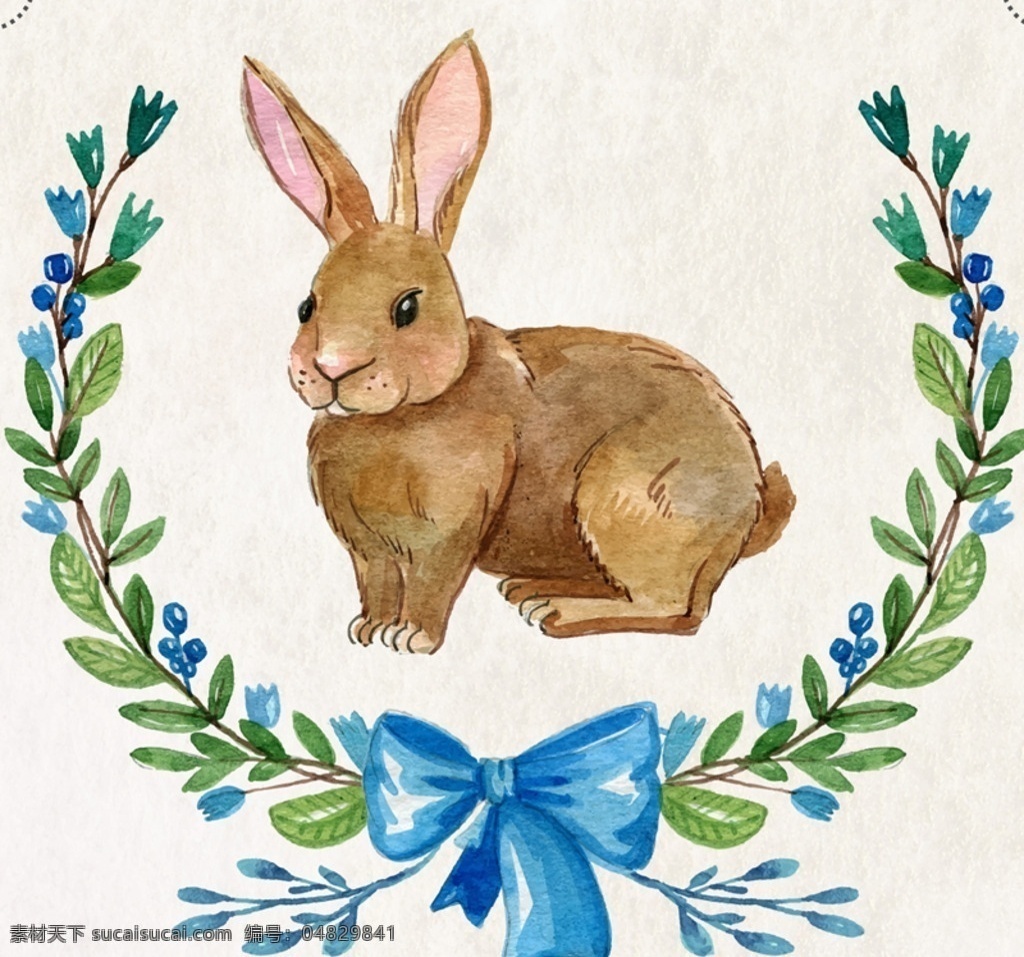 水彩 绘 可爱 棕色 兔子 矢量 动物 蝴蝶结 树枝 矢量图 文化艺术 绘画书法