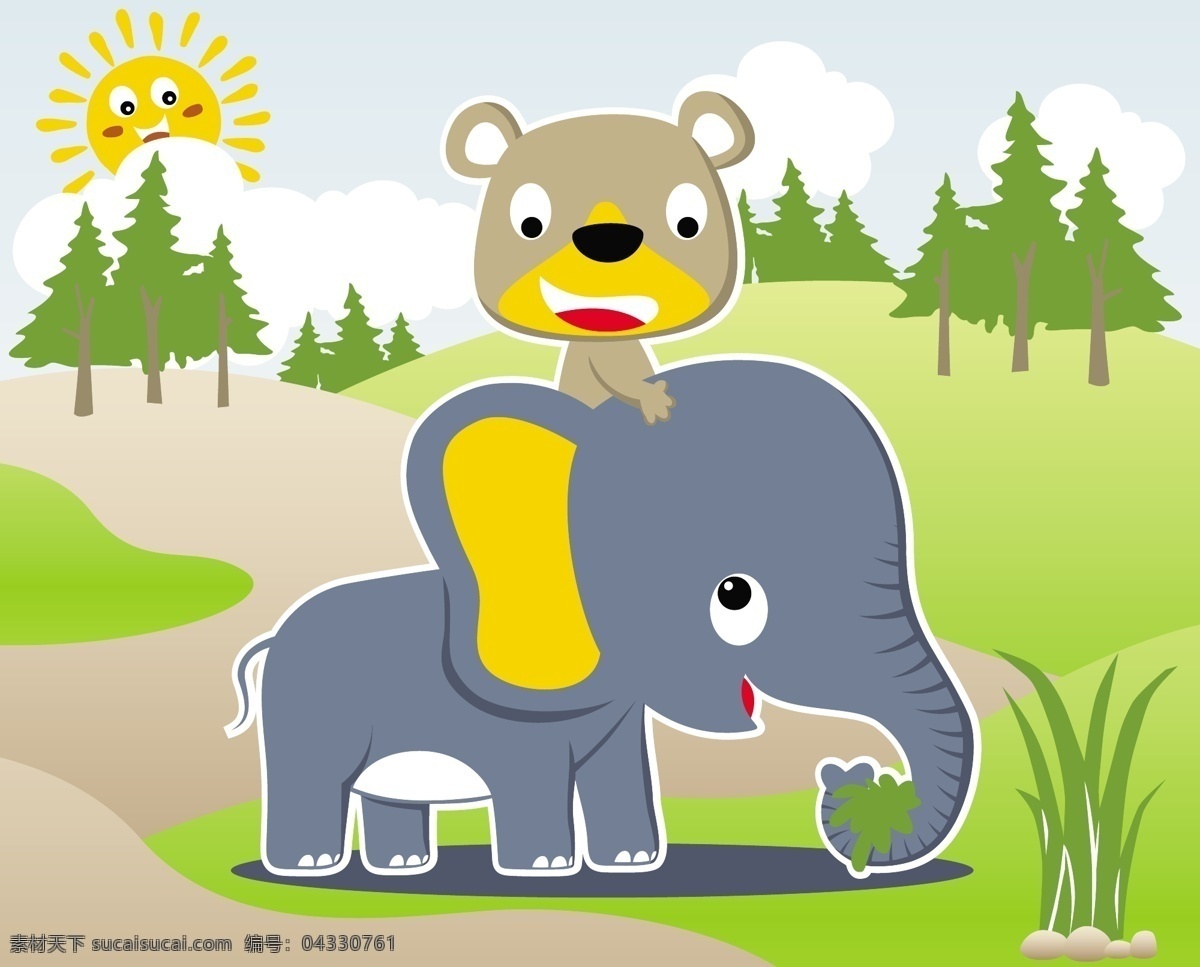 可爱 玩耍 动物 儿童 插画 森林 草地 大树 儿童插画 大象 小熊 可爱玩耍
