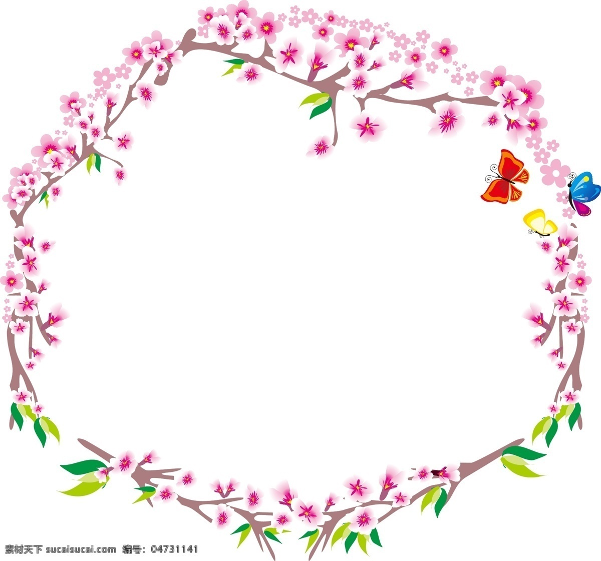 手绘 卡通 蝴蝶 粉红色 花朵 圆环 矢量 元素 叶子 绿色 ai元素 免抠元素 透明元素