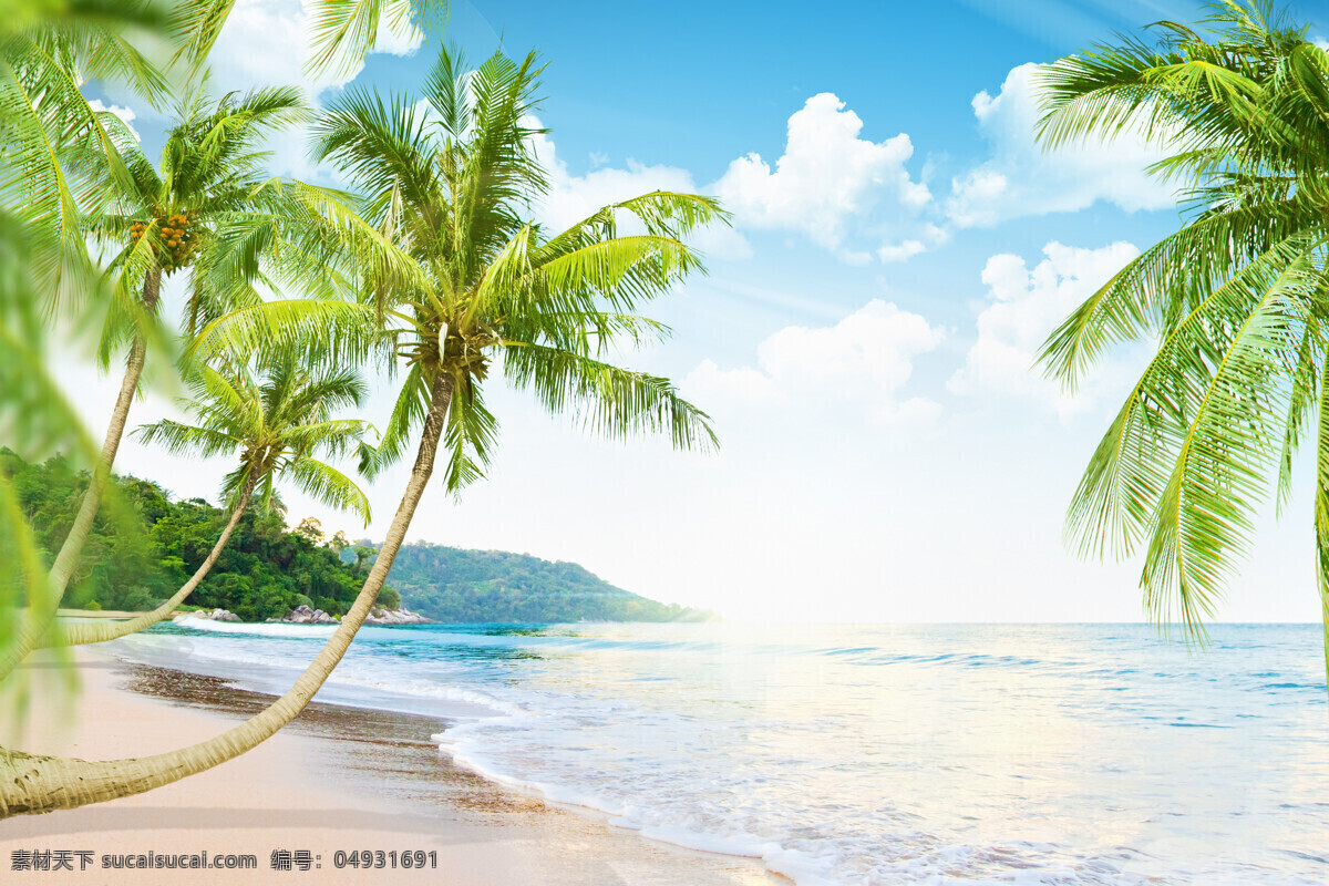 沙滩 椰树 海浪 海洋海边 自然风景 海边风光 蓝天白云 大海图片 风景图片