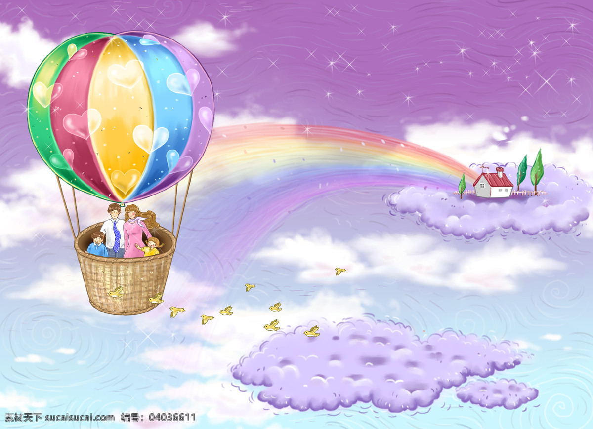 热气球 卡通画 梦想 动漫 彩虹 云朵 天空 男人 女人 儿童 风景漫画 动漫动画