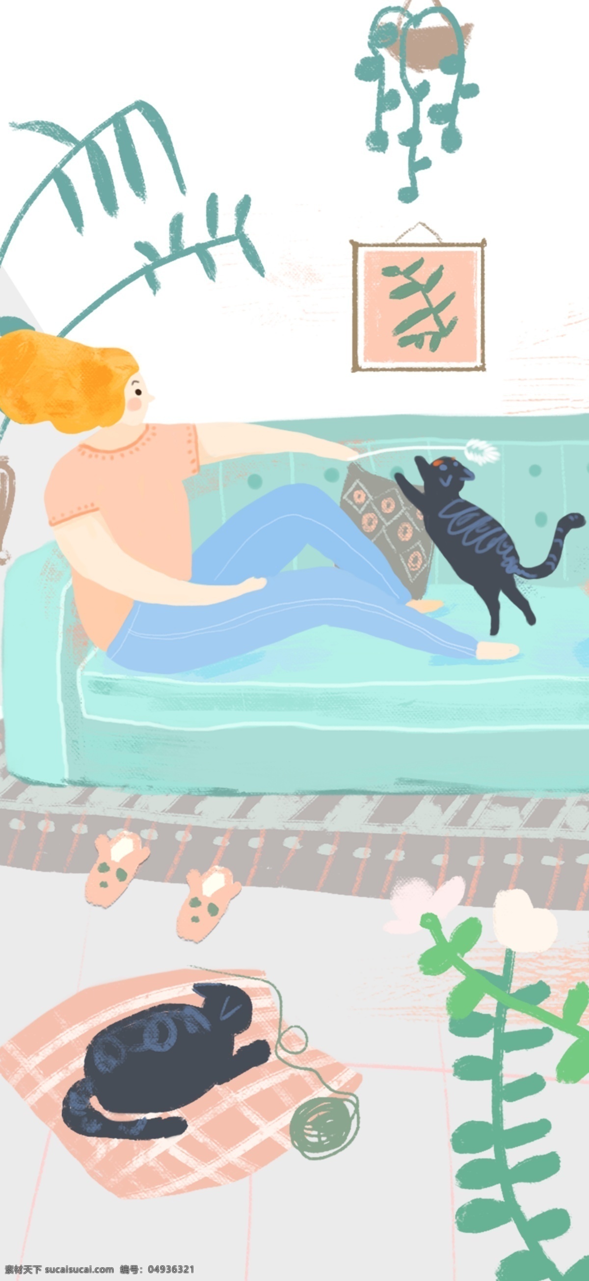 家居 生活 手绘 插画 家具 小清新 广告 方式 小资 安逸 猫 植物 海报