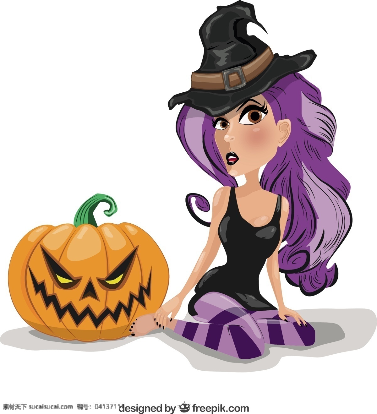 紫色 头发 女巫 万圣节 卡通 帽子 南瓜 魔术 插图 幻想 魔法 邪恶 白色