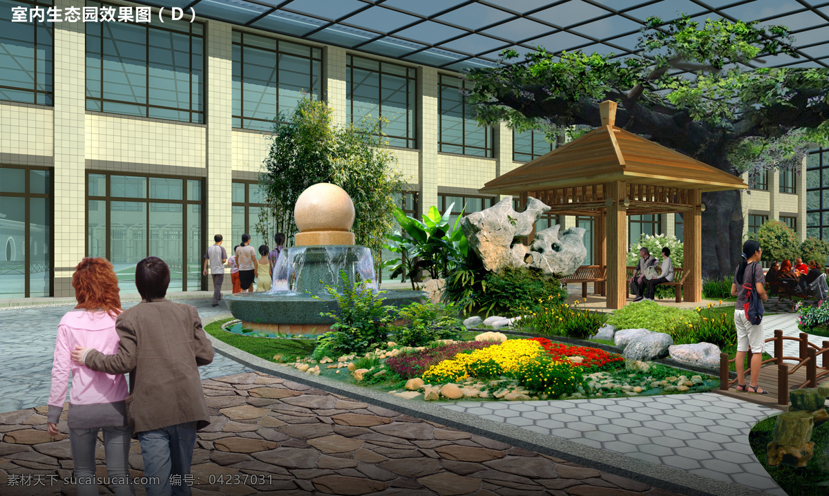 生态园效果图 生态园 景观 园林 亭子 喷泉 仿树 3d设计