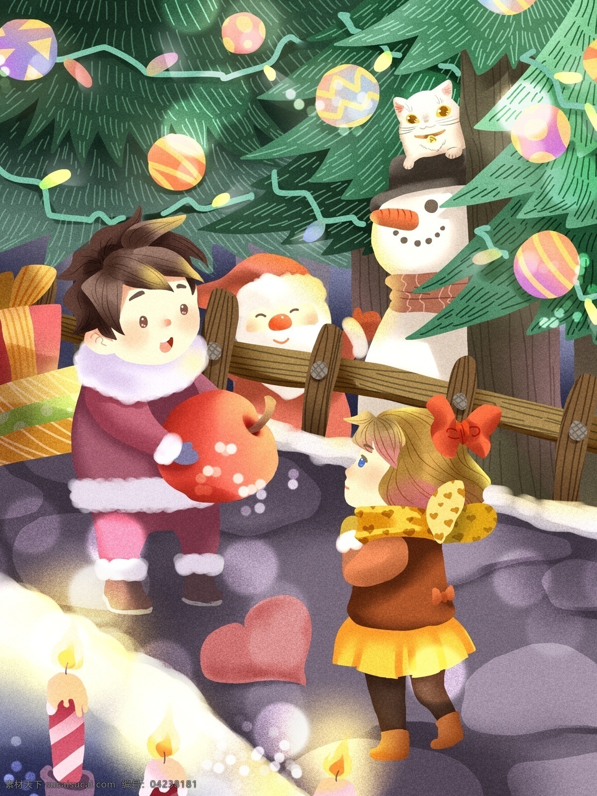 圣诞节 男孩 苹果 告白 女孩 爱意 雪人 圣诞老人 蜡烛 平安夜