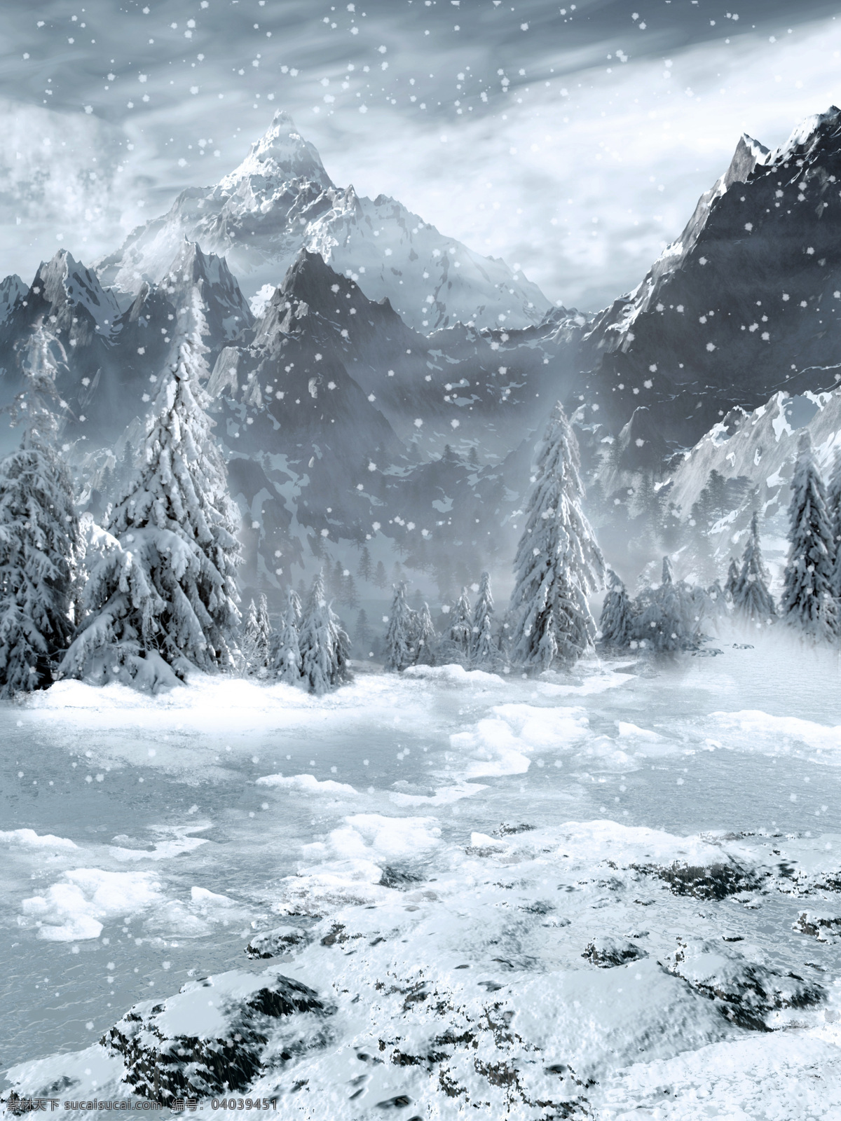 冬季雪景 冰雪 森林 山脉 雪花 设计风光 风景漫画 动漫动画