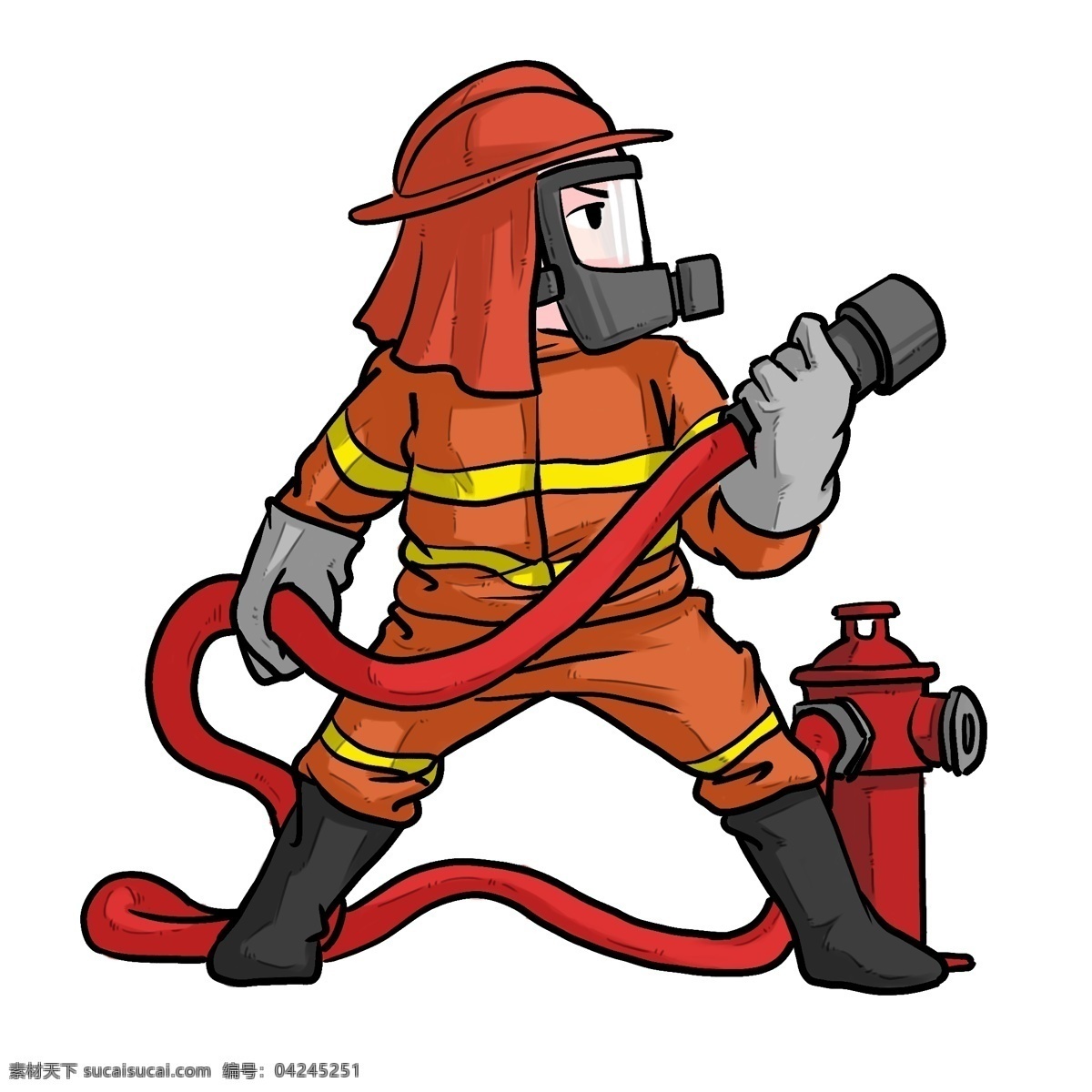 消防 安全 手绘 插画 消防安全 手绘插画 红色 衣服 黑色 防毒 面罩 全副武装 消防员 卡通