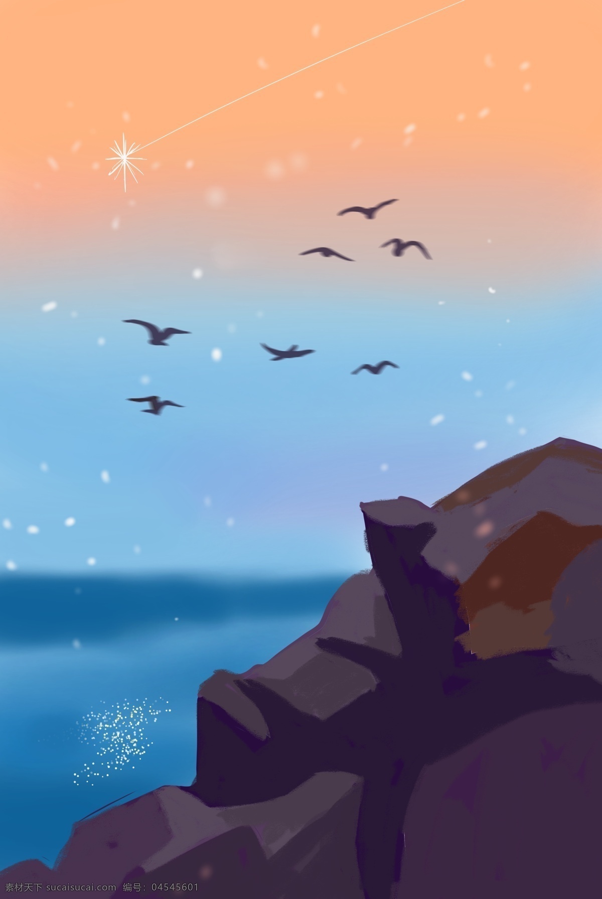 卡通 黑色 夜晚 免 抠 图 山坡 黑色的山峰 山顶的风景 小鸟 天空 星星 发光的星星 免抠图