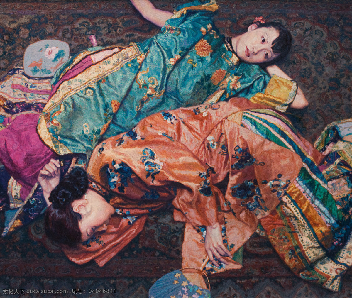 当代油画 古典 古装 红衣 绘画书法 美女 女人 人物 执 扇 双 美 设计素材 模板下载 执扇双美 陈逸飞 休息 执扇 扇子 绿衣 油画 文化艺术 装饰素材