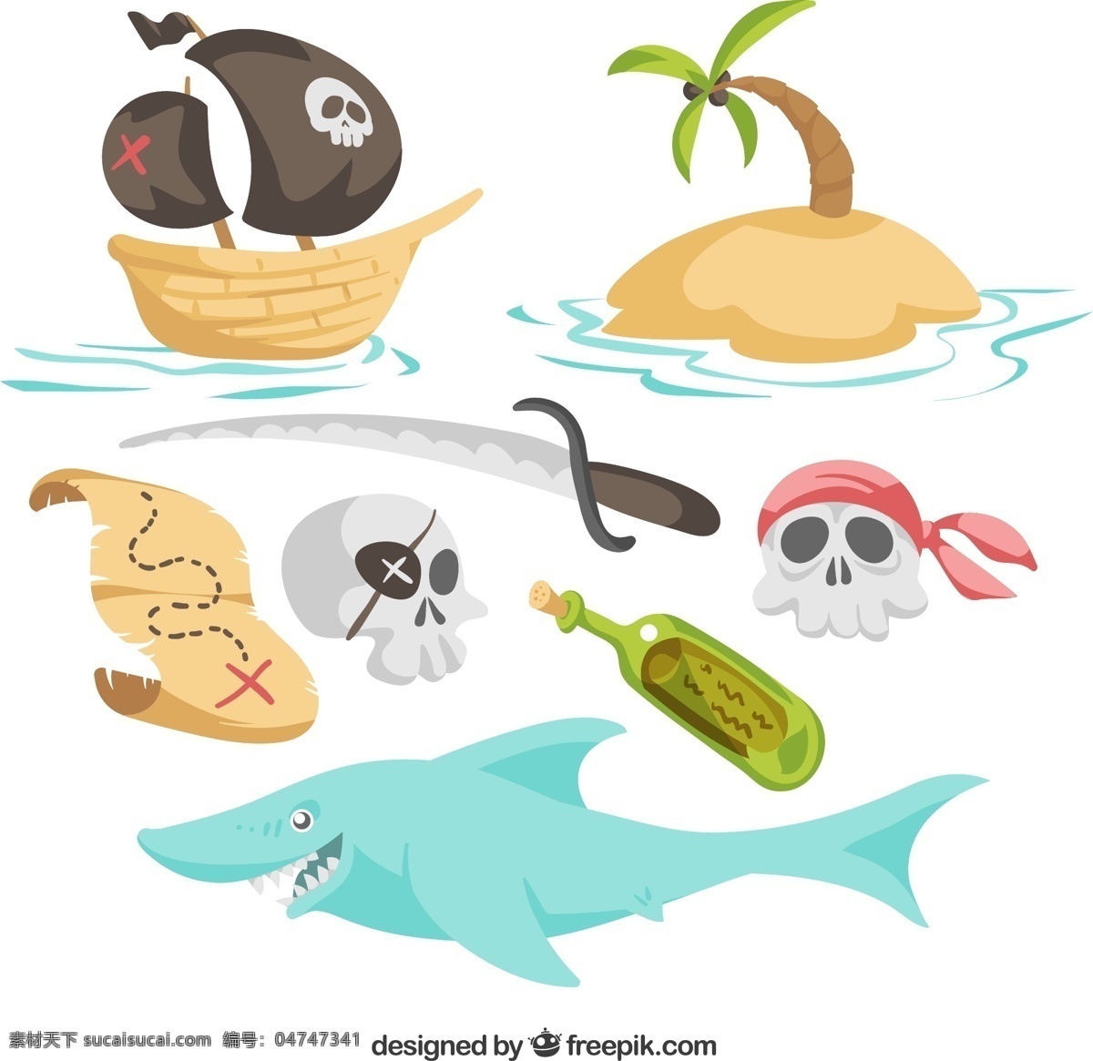 款 创意 卡通 海盗 元素 矢量图 海盗船 岛屿 棕榈树 藏宝图 刀 骷髅头 漂流瓶 鲨鱼 大海 标志图标 其他图标