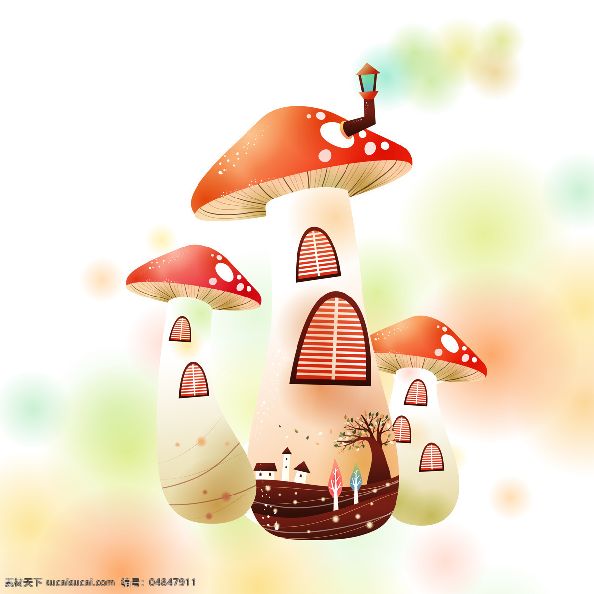 清新 蘑菇 房子 装饰画 小巧 可爱 动画