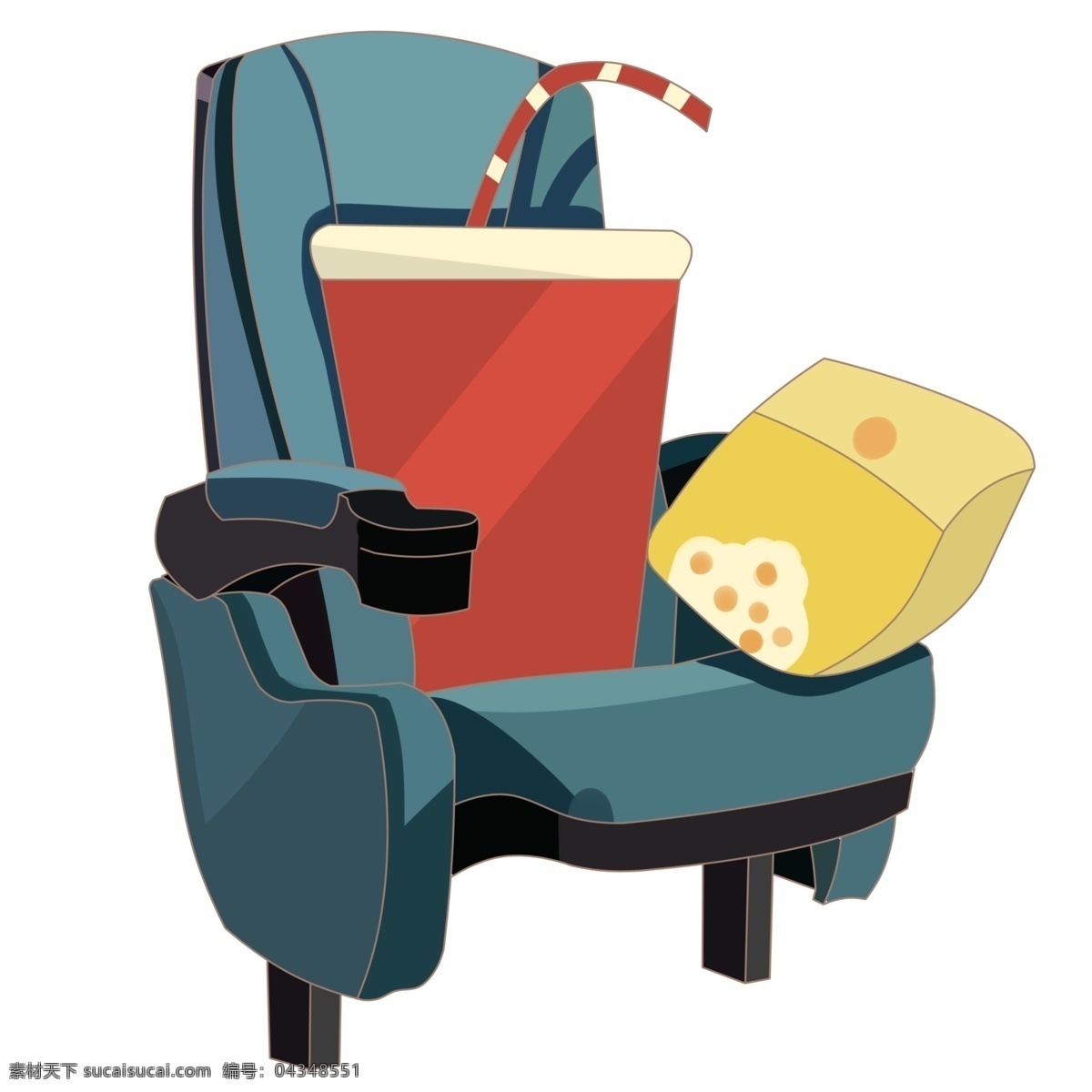 座椅 零食 饮料 插画 蓝色的座椅 一杯汽水 卡通插画 零食插画 食物插画 红色的饮料 椅子上的零食