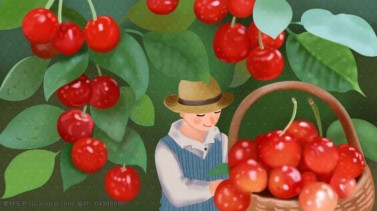 男孩 樱桃 创意 水果 插画 红色 绿色 果篮 水果插画