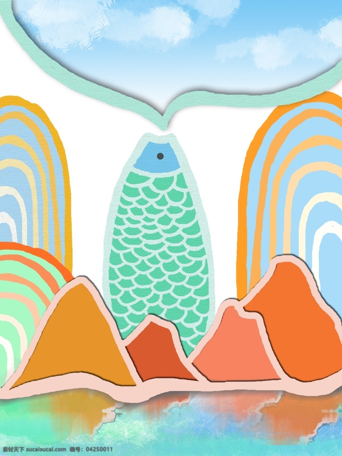 简约 手绘 蓝天 畅想 客厅 装饰画 一联画 手绘鱼 简约清新 橘色边框山 线条 拇指 山