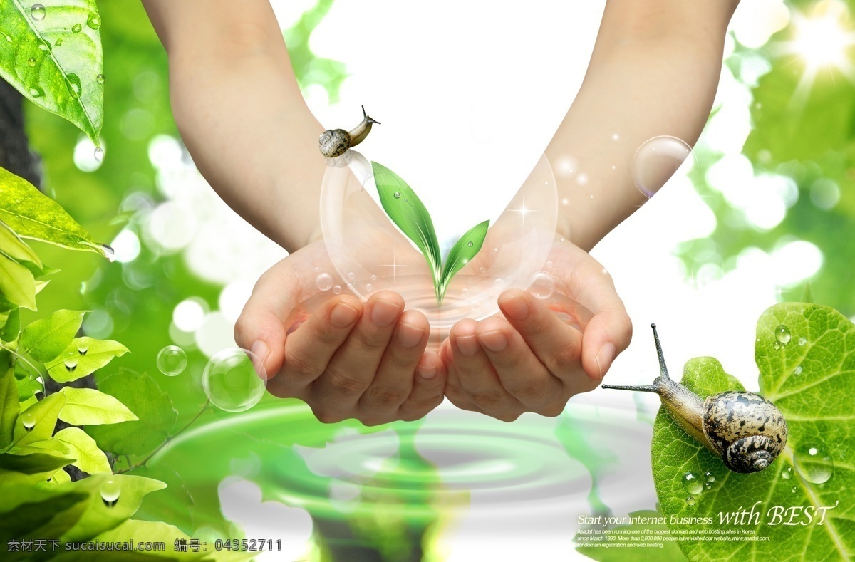绿色生态 创意 桌面 分层 模板 绿叶 树叶 蜗牛 涟漪 手姿 气泡 水珠 创意桌面图片 创意设计 源文件
