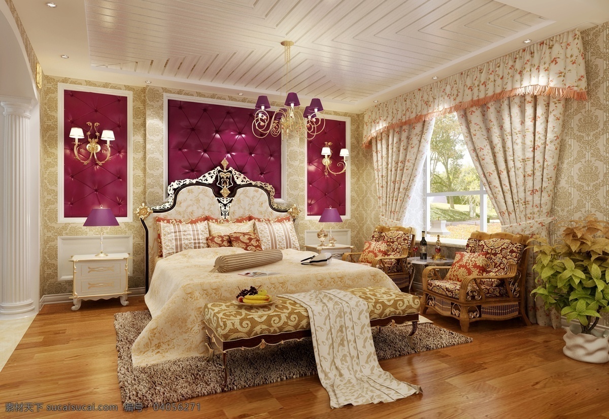 欧式 卧室 窗帘 床 床头背景 床头柜 环境设计 木地板 欧式卧室 软包 室内设计 家居装饰素材