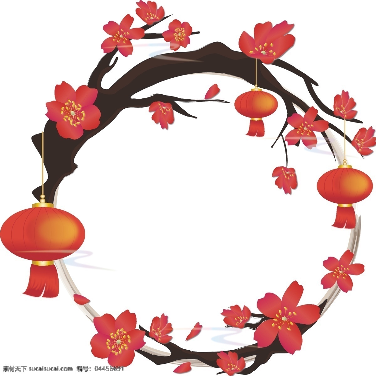手绘 中国 风 花卉 植物 木棉花 喜庆 灯笼 装饰 元素 边框 中国风
