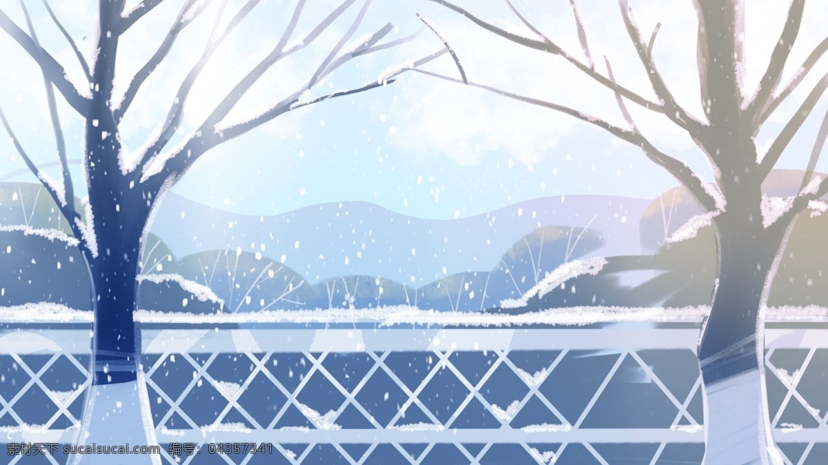 清新 唯美 小雪 二十四节气 远山 背景 清新背景 雪景 冬天 背景素材 卡通背景 唯美设计 插画背景 冬季背景 广告背景 psd背景 背景展板 手绘背景