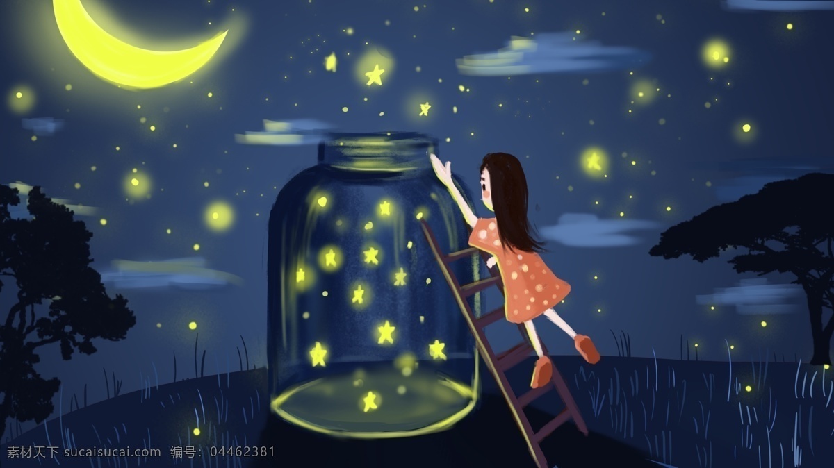 女孩 漂流 瓶 夜景 里 收集 星星 海报 月亮 插画 女孩与漂流瓶 蓝色调 治愈 配图