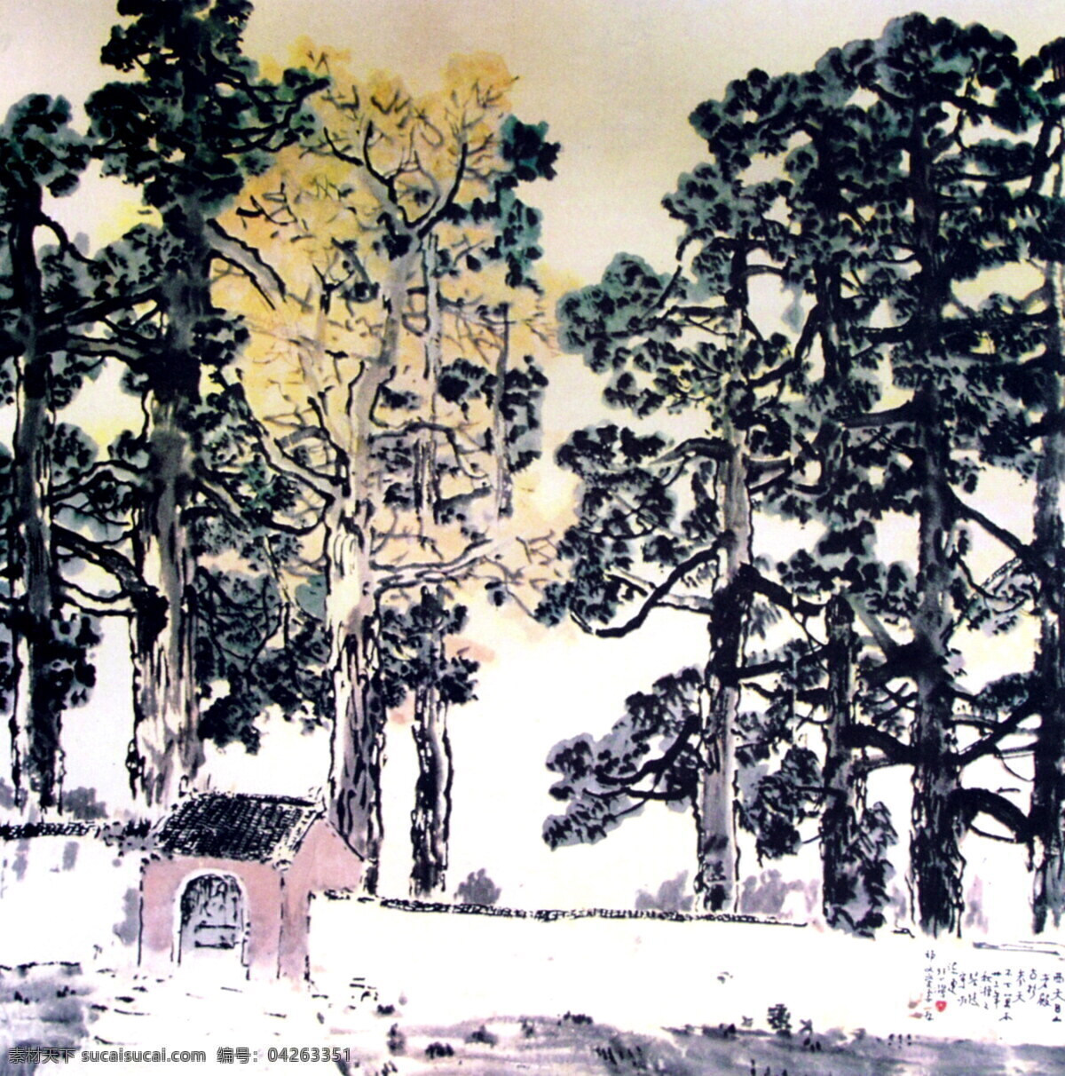 西天目山老殿 中国画 设计素材 古树奇石 中国画篇 书画美术 白色