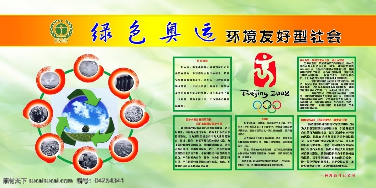绿色 奥运 环境 友好 型 社会 企业 宣传 展板 分层 库 单位模板 企业单位展板 模板 中国风元素 活动 背景 奥运标识 节能地球创意