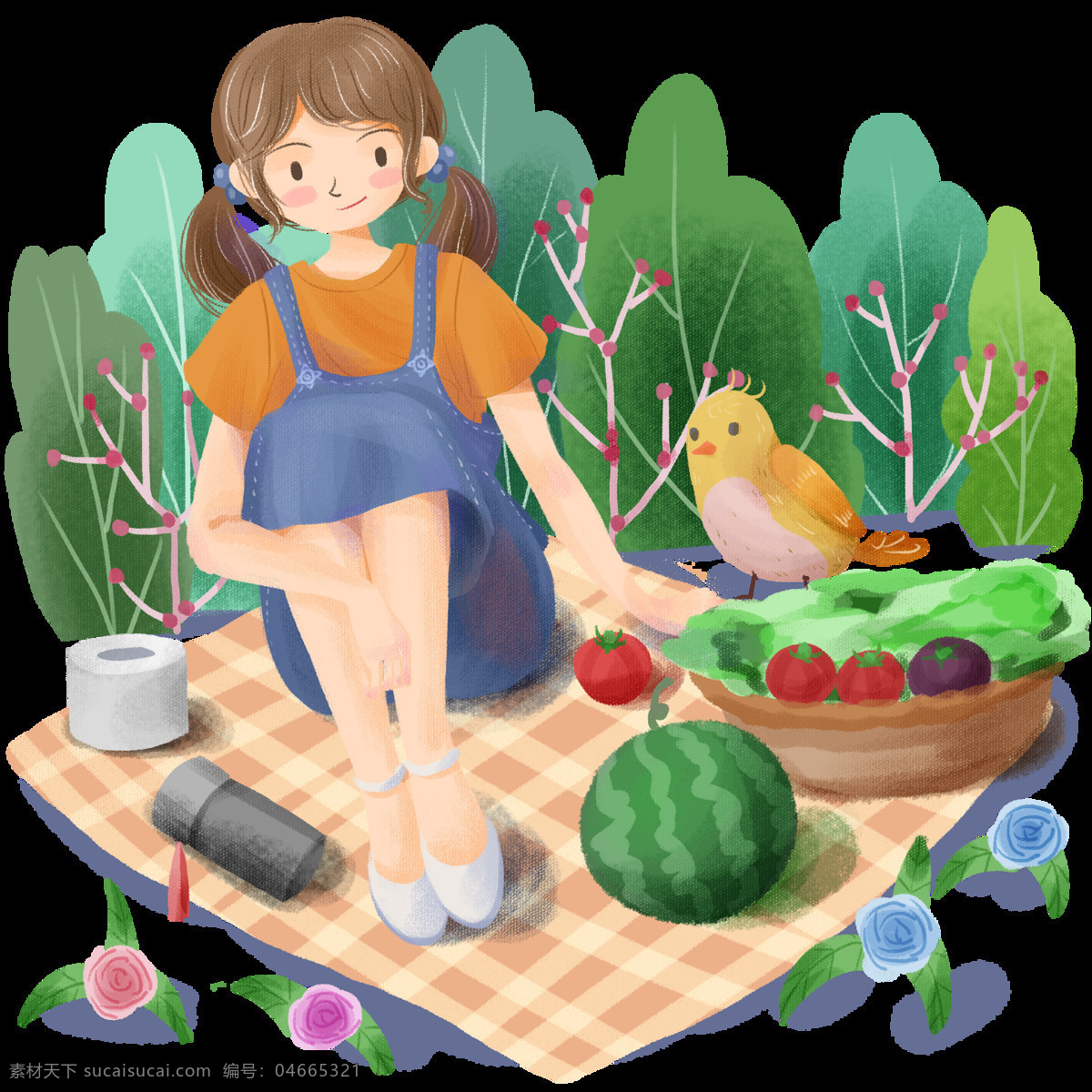 手绘 可爱 卡通 女孩 踏青 郊游 野餐 健康生活 健康 生活 绿色 植物 绿植 少女 蔬菜 西瓜 花朵