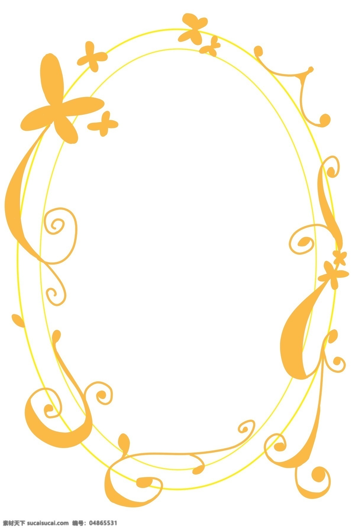 橙色 椭圆形 花 藤 边框 手绘 简约线条 边饰 花纹 蝴蝶 免扣 阳光 自然 纹理 装饰