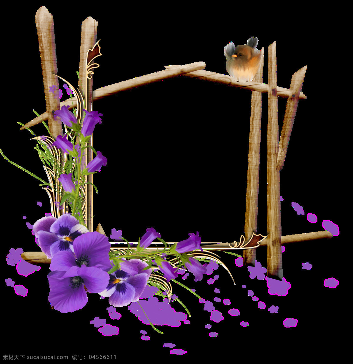 美丽 鲜花 树枝 框架 透明 紫色 碎花 小鸟 藤蔓 透明素材 免扣素材 装饰图片