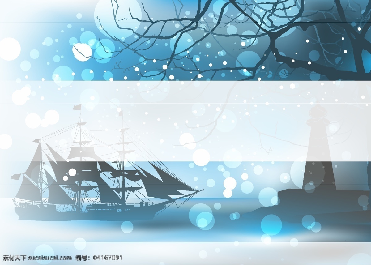 帆船 雪天 下雪 灯塔 靠岸 树木 战船 船只 海平面 大海 月亮 倒影 影子 风帆 古船 扬帆 自然 矢量 自然风景 自然景观