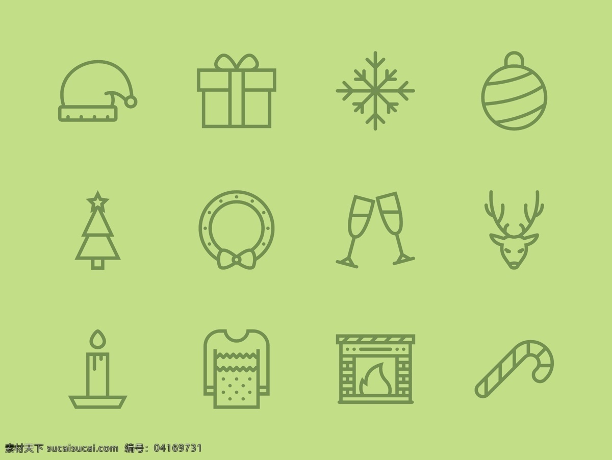 圣诞节图标 节日图标 图标 线框图标 线条图标 雪花图标 帽子 圣诞树 蜡烛 礼物 绿色