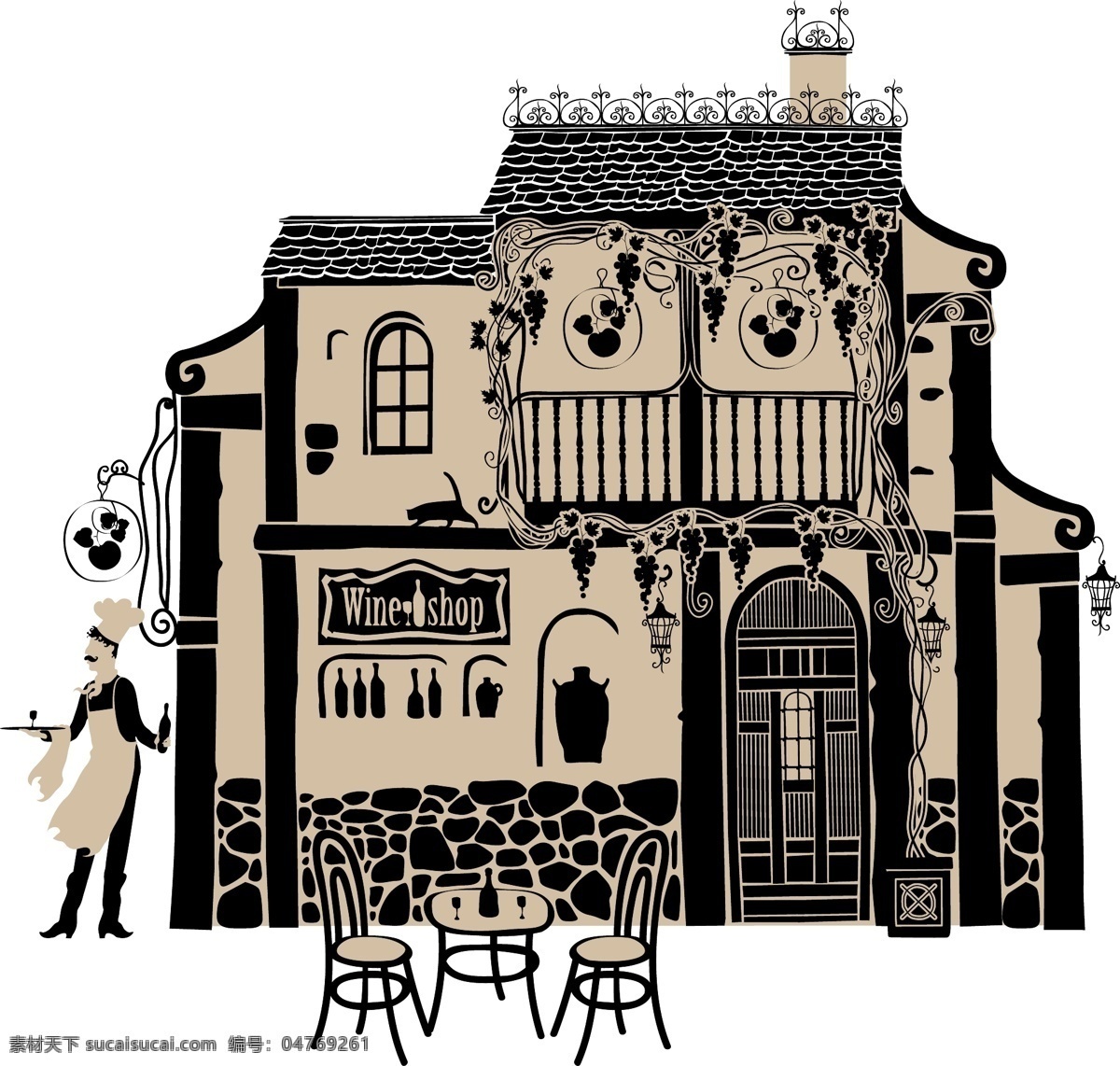 老房子插画 街道 咖啡馆 喝咖啡 女士 男士 线条画 插画 老房子 建筑景观 空间环境 矢量素材 白色