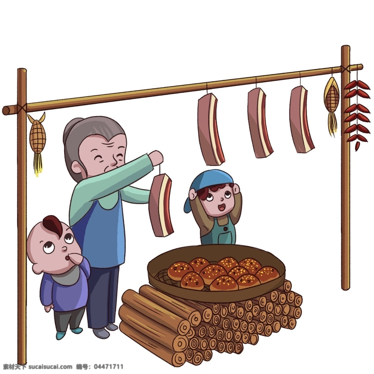 腊肉卡通图片 腊肉卡通 过年 晒腊肉 奶奶小朋友 手绘腊肉 年俗 插画