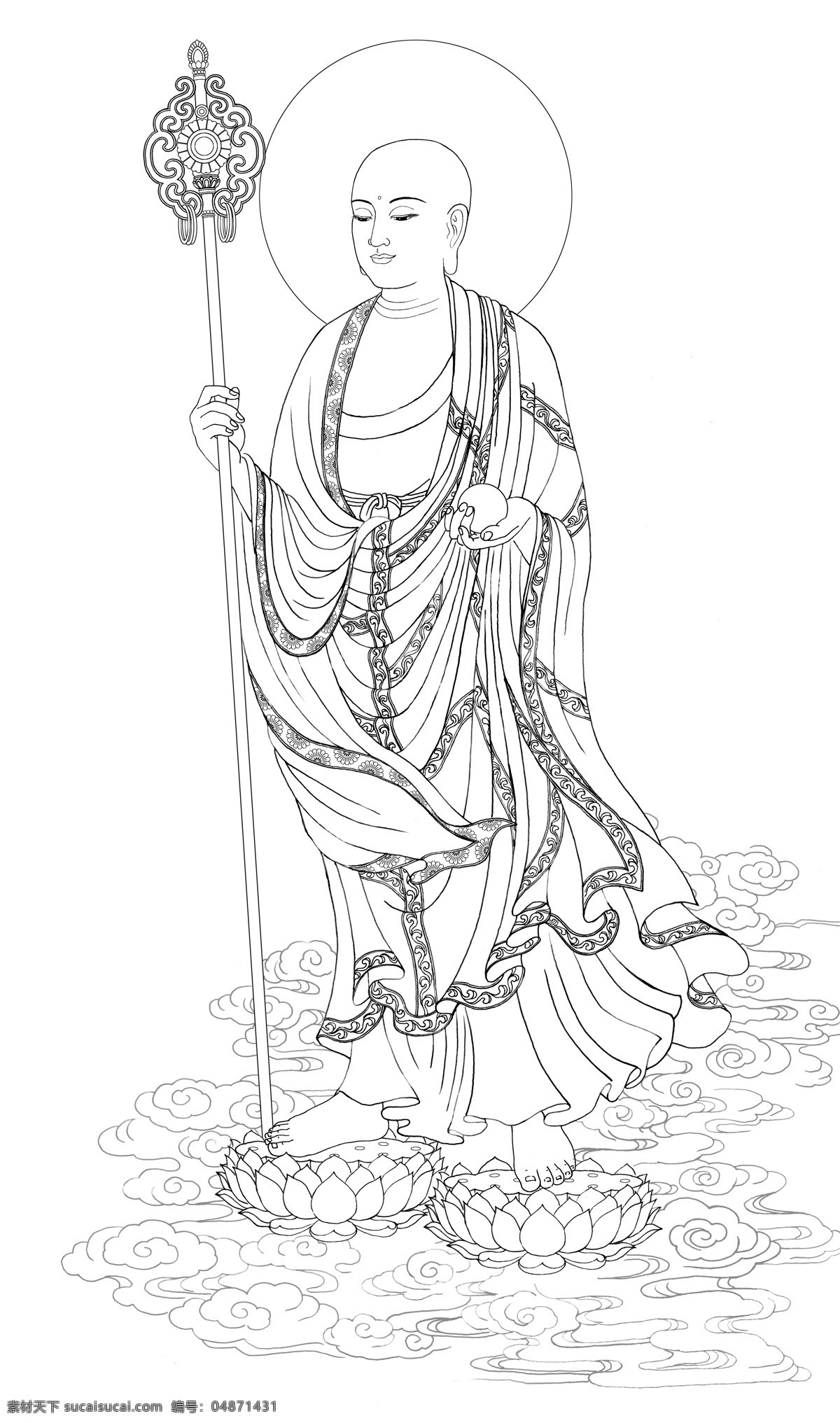 地藏菩萨 立像 线描 精细 版 佛 佛像 佛教 地藏 菩萨 地藏王 造像 白描 佛画 画佛 文化艺术 宗教信仰