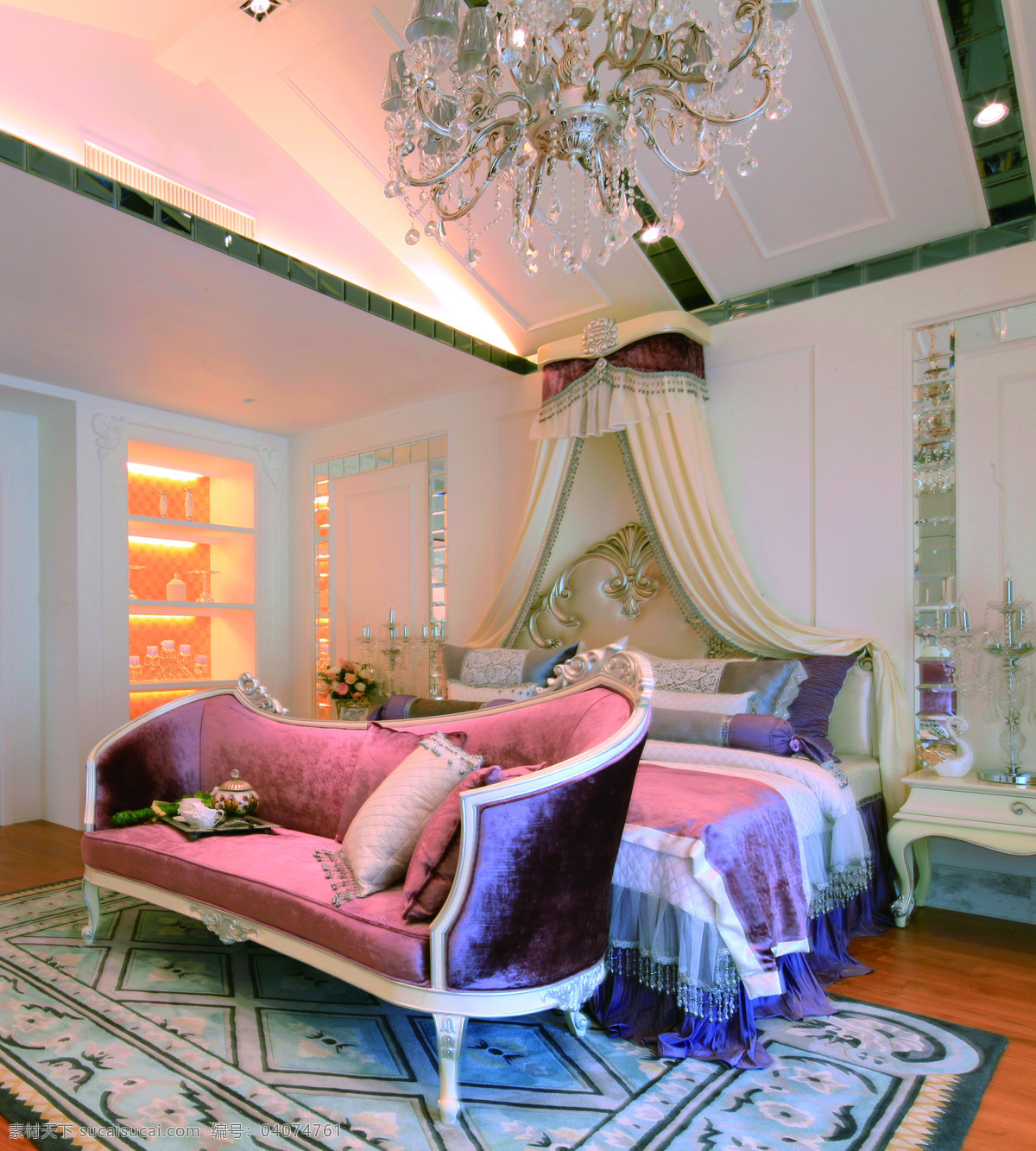 欧式 卧室 床头柜 装修 效果图 床铺 方形吊顶 花纹地毯 木地板 水晶吊灯